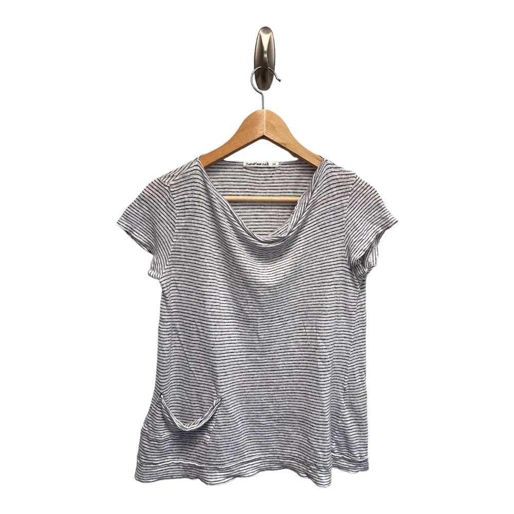 Transit Par Such Sz 2 Linen Jersey Knit Slouchy Pocket Top White Black Stripe